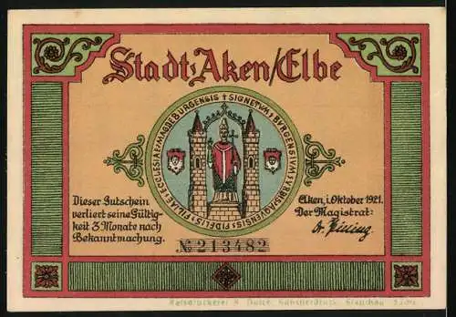 Notgeld Aken / Elbe, 1921, 50 Pfennig, Flusslandschaft mit Booten und Stadtwappen