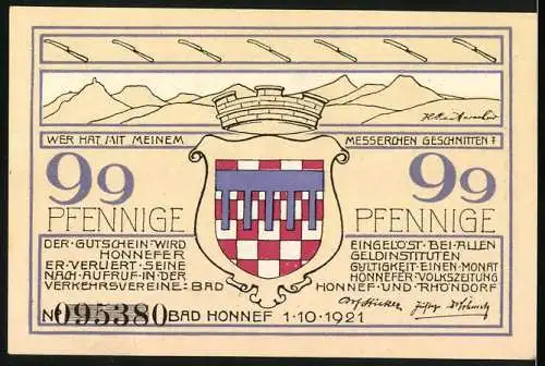 Notgeld Bad Honnef am Rhein, 1921, 99 Pfennige, Haus und Stadtwappen mit Berge im Hintergrund