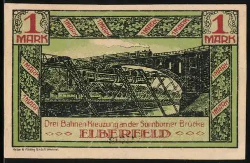 Notgeld Elberfeld, 1920, 1 Mark, Drei Bahnen-Kreuzung an der Sonnborner Brücke und Stadtwappen