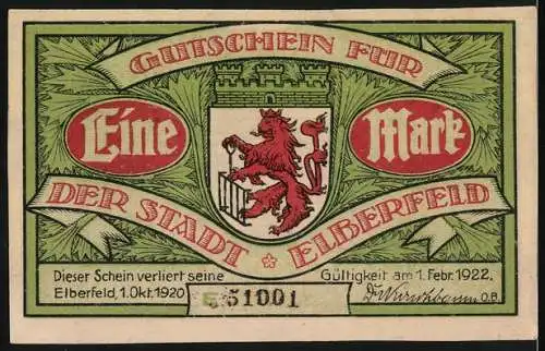 Notgeld Elberfeld, 1920, 1 Mark, Drei Bahnen-Kreuzung an der Sonnborner Brücke und Stadtwappen