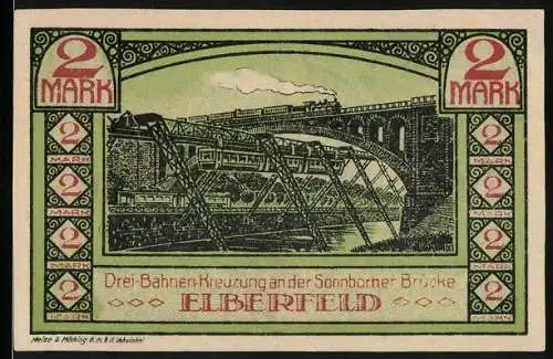 Notgeld Elberfeld, 1920, 2 Mark, Drei-Bahnen-Kreuzung an der Sonnborner Brücke und Stadtansicht mit Wappen