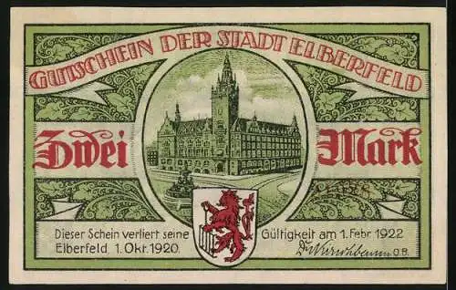 Notgeld Elberfeld, 1920, 2 Mark, Drei-Bahnen-Kreuzung an der Sonnborner Brücke und Stadtansicht mit Wappen