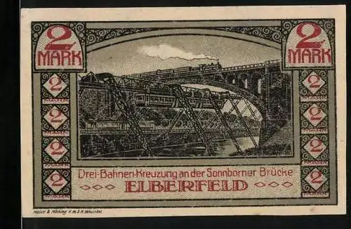 Notgeld Elberfeld 1920, 2 Mark, Drei-Bahnen-Kreuzung an der Sonnborner Brücke und Rathaus