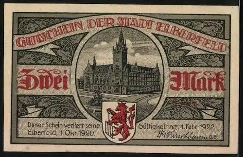 Notgeld Elberfeld 1920, 2 Mark, Drei-Bahnen-Kreuzung an der Sonnborner Brücke und Rathaus