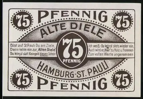 Notgeld Hamburg-St. Pauli, 1921, 75 Pfennig, Alte Diele und Die alten Hamburger Originale