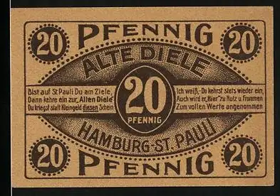 Notgeld Hamburg St. Pauli, 1921, 20 Pfennig, Alte Diele mit Gedichten und zwei Männern