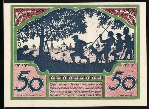 Notgeld Güsten 1921, 50 Pf, Stadtwappen und Bärenjagd Darstellung