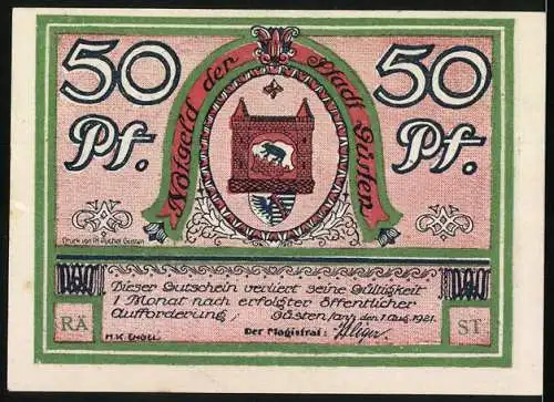 Notgeld Güsten 1921, 50 Pf, Stadtwappen und Bärenjagd Darstellung