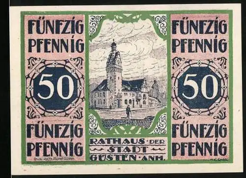 Notgeld Güsten / Anhalt 1921, 50 Pfennig, Rathaus der Stadt und Stadtwappen