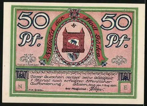 Notgeld Güsten / Anhalt 1921, 50 Pfennig, Rathaus der Stadt und Stadtwappen