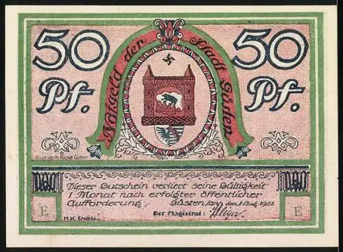 Notgeld Güsten 1921, 50 Pfennig, Kirche am Kirchplatz und Stadtwappen