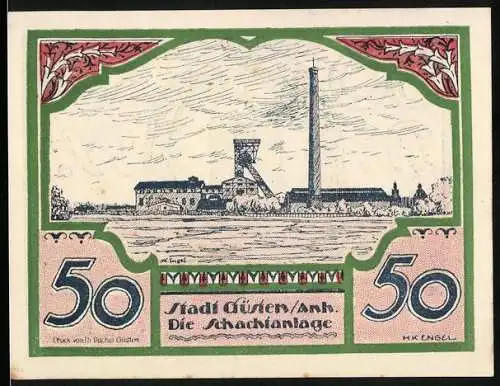 Notgeld Güsten 1921, 50 Pfennig, Schachtanlage und Stadtwappen, grün /rot /braun