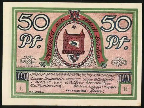 Notgeld Güsten 1921, 50 Pfennig, Schachtanlage und Stadtwappen, grün /rot /braun