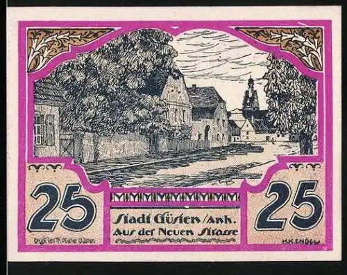 Notgeld Güsten, 1921, 25 Pfennig, Stadtansicht und Wappen, pink-weisser Rand