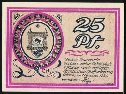 Notgeld Güsten, 1921, 25 Pfennig, Stadtansicht und Wappen, pink-weisser Rand