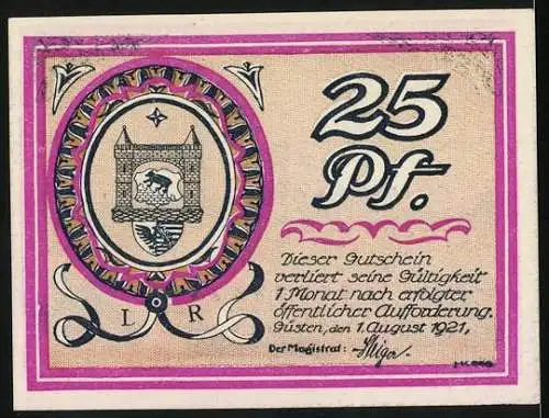 Notgeld Güsten / Anhalt, 1921, 25 Pfennig, Schachtanlage und Stadtwappen, Gültigkeit bis 1 Monat nach Aufforderung