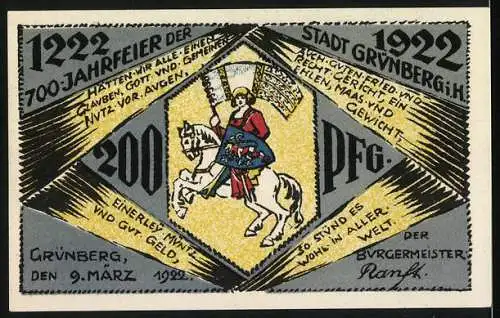 Notgeld Grünberg 1922, 200 Pfennig, Gedenkschein zur 700-Jahrfeier mit Stadtansichten und Rittermotiv