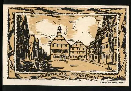 Notgeld Grünberg 1922, 100 Pfennig, Marktplatz mit Rathaus und 700-Jahrfeier der Stadt Grünberg