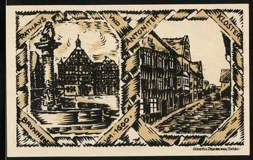 Notgeld Grünberg 1922, 75 Pfennig, 700-Jahrfeier der Stadt mit Rathaus, Antoniterkloster und historischem Reiter