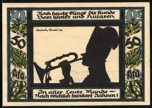 Notgeld Gollnow 1921, 50 Pfennig, Trompeter und Stadtwappen, gelb-schwarz-grün