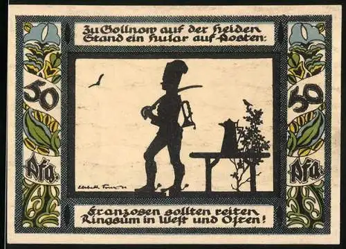 Notgeld Gollnow, 1921, 50 Pfennig, Soldat und Bauernszene mit Pferd