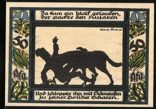 Notgeld Gollnow, 1921, 50 Pfennig, Illustration eines Wolfsangriffs und Landwirtschaftsszene