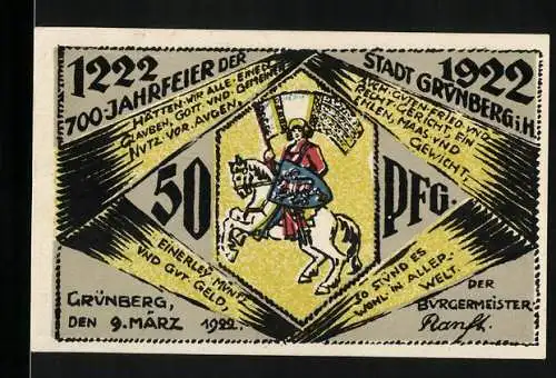 Notgeld Grünberg 1922, 50 Pfennig, 700-Jahrfeier der Stadt mit Reiter und Burgenansicht im Hintergrund