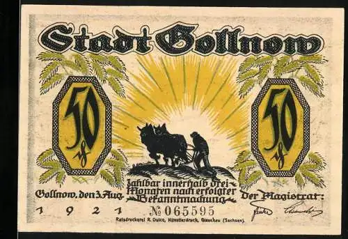 Notgeld Gollnow, 1921, 50 Pfennig, Bauer mit Pflug und Spruchband, Seriennummer 065595