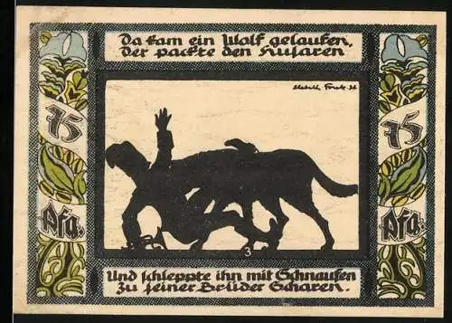 Notgeld Gollnow, 1921, 75 Pfennig, Bauer sät Samen und Wolf schleppt einen Soldaten