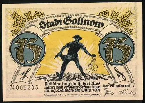 Notgeld Gollnow, 1921, 75 Pfennig, Bauer sät Samen und Wolf schleppt einen Soldaten