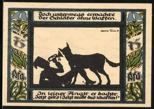 Notgeld Gollnow, 1921, 75 Pfennig, Schäfer und Hund, Bauer beim Säen, Seriennummer 014563