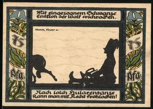 Notgeld Gollnow, 1921, 75 Pfennig, Bauer bei der Feldarbeit und Spruch mit tanzendem Wolf