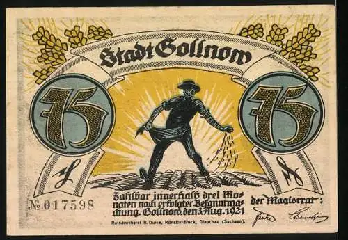 Notgeld Gollnow, 1921, 75 Pfennig, Bauer bei der Feldarbeit und Spruch mit tanzendem Wolf