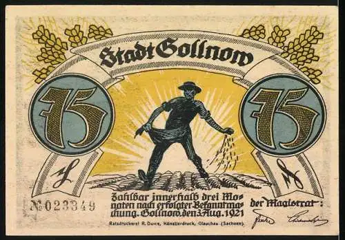 Notgeld Gollnow, 1921, 75 Pfennig, Stadt Gollnow und Trompeter-Motiv