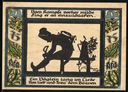Notgeld Gollnow 1921, 75 Pfennig, Bauer und Soldat in Silhouette