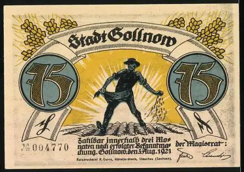 Notgeld Gollnow 1921, 75 Pfennig, Bauer und Soldat in Silhouette