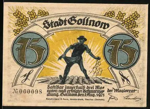 Notgeld Gollnow, 1921, 75 Pfennig, Bauer mit Samen und Soldat auf Posten