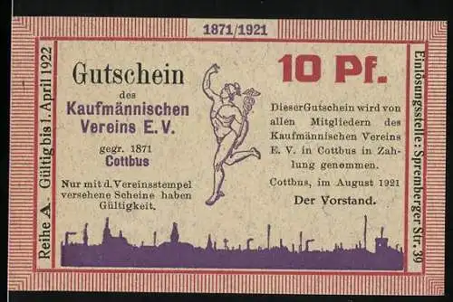 Notgeld Cottbus 1921, 10 Pf, Gutschein des Kaufmännischen Vereins E.V. mit Vereinsstempel im August 1921
