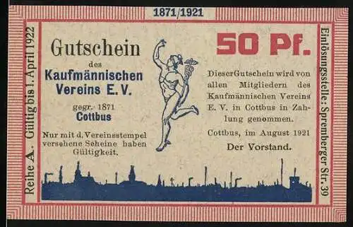 Notgeld Cottbus 1921, 50 Pf, Gutschein des Kaufmännischen Vereins E.V. mit Vereinsstempel