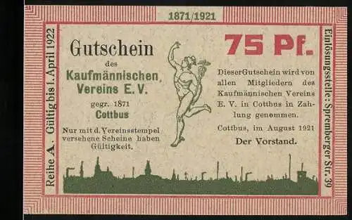 Notgeld Cottbus 1921, 75 Pf, Gutschein des Kaufmännischen Vereins E.V. Cottbus, gültig bis April 1922