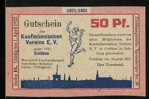 Notgeld Cottbus 1921, 50 Pf, Gutschein des Kaufmännischen Vereins E.V. mit Vereinsstempel, gültig bis April 1922