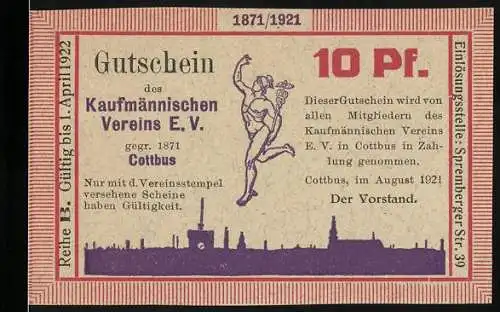 Notgeld Cottbus 1921, 10 Pf, Gutschein des Kaufmännischen Vereins E.V. gegr. 1871, gültig bis April 1922