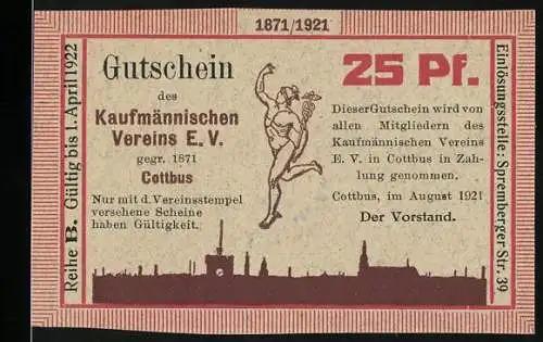 Notgeld Cottbus 1921, 25 Pf., Gutschein des Kaufmännischen Vereins E.V., gültig bis April 1922, mit Vereinsstempel