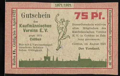 Notgeld Cottbus 1921, 75 Pf, Kaufmännischer Verein E. V., Reihe B, gültig bis April 1922, mit Vereinsstempel