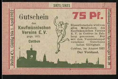 Notgeld Cottbus 1921, 75 Pf, Gutschein des Kaufmännischen Vereins E.V. gegr. 1871, Stadtansicht und Hermes