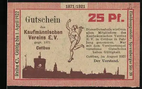 Notgeld Cottbus 1921, 25 Pf, Gutschein Kaufmännischer Verein E.V., Gültig bis 1. April 1922