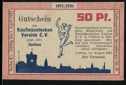Notgeld Cottbus 1921, 50 Pf., Kaufmännischer Verein E.V., Turner, gültig bis 1. April 1922