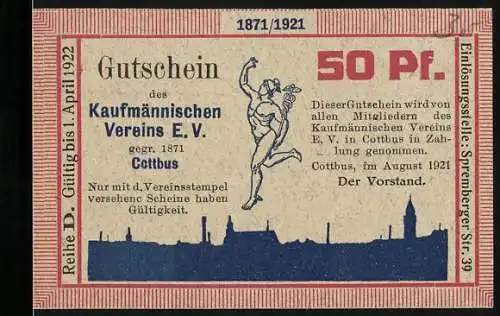 Notgeld Cottbus 1921, 50 Pf, Gutschein des Kaufmännischen Vereins E.V. gegr. 1871, gültig bis April 1922, Serie D
