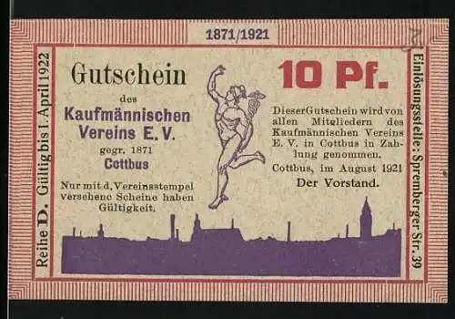 Notgeld Cottbus 1921, 10 Pf, Kaufmännischen Verein E. V., Gutschein mit Vereinsstempel