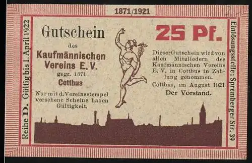Notgeld Cottbus 1921, 25 Pf, Kaufmännischer Verein Gutschein mit Vereinsstempel, gültig bis April 1922